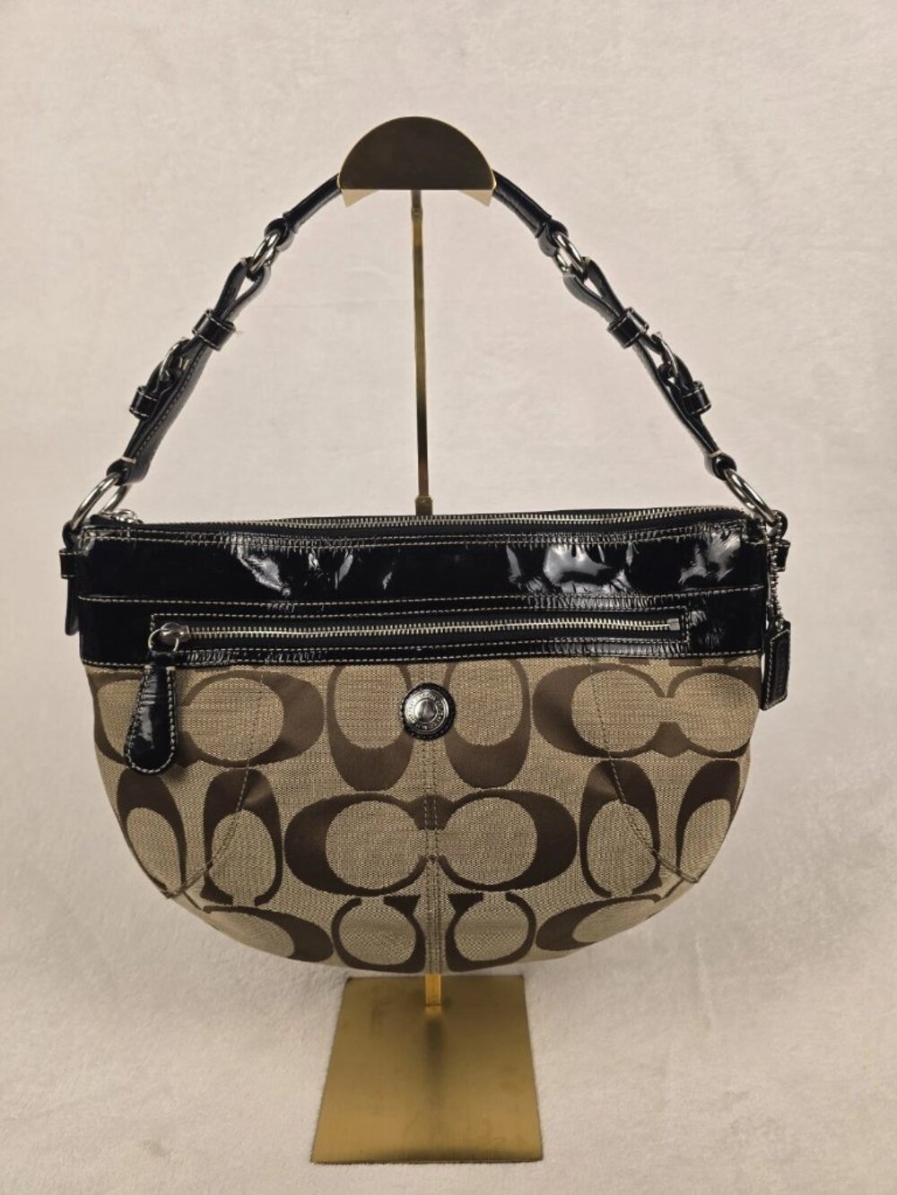 Coach Zoe Signature Hobo Bag Y2K Khaki Brown Jacquard Black Patent Leather